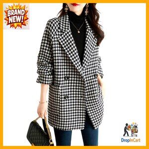 Houndstooth Pea Coat Double Breasted Blazer Jacket Wool Blend Midi Length